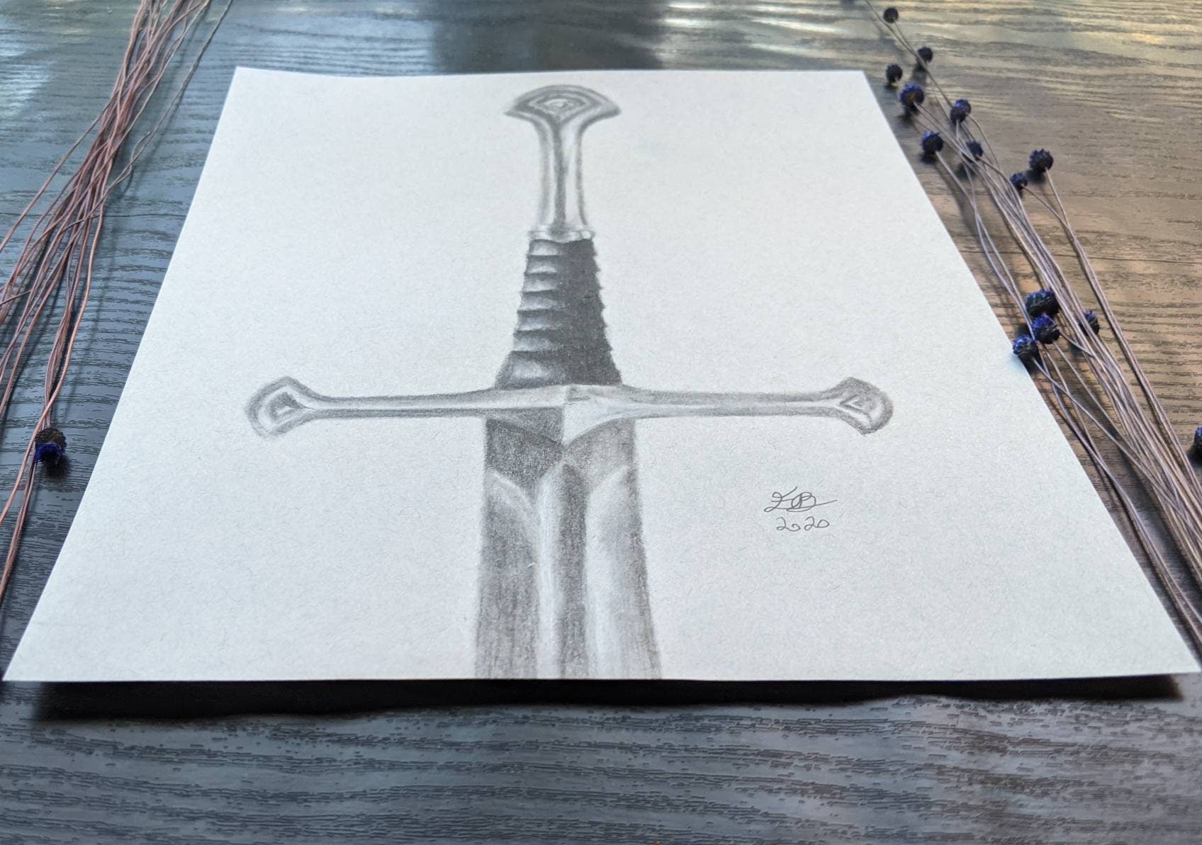 Narsil charcoal drawing, Sword drawing, Lord of the Rings gift, LOTR Sword, Tolkien Inspired art, aragorn sword, sword hilt, middle earth