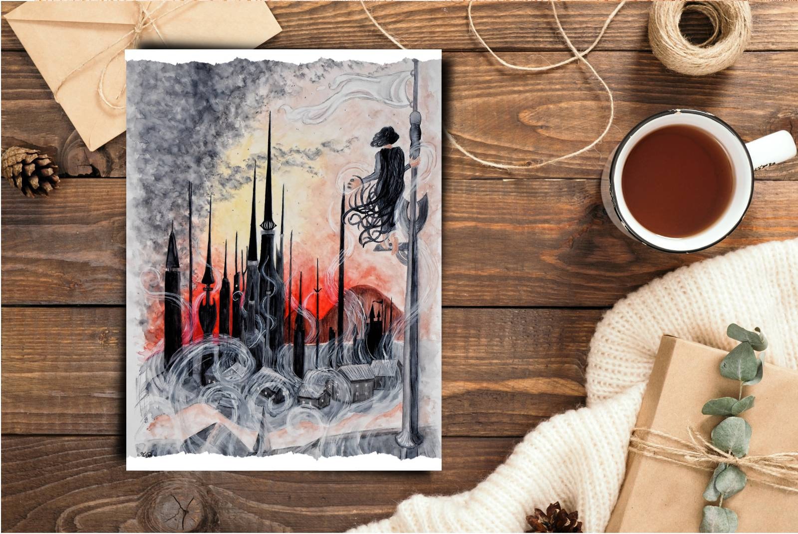 Luthadel Skyline, Mistborn inspired Watercolor Painting print, mistborn poster, hill of 1000 spires, castle skyline, kredik shaw Skyline