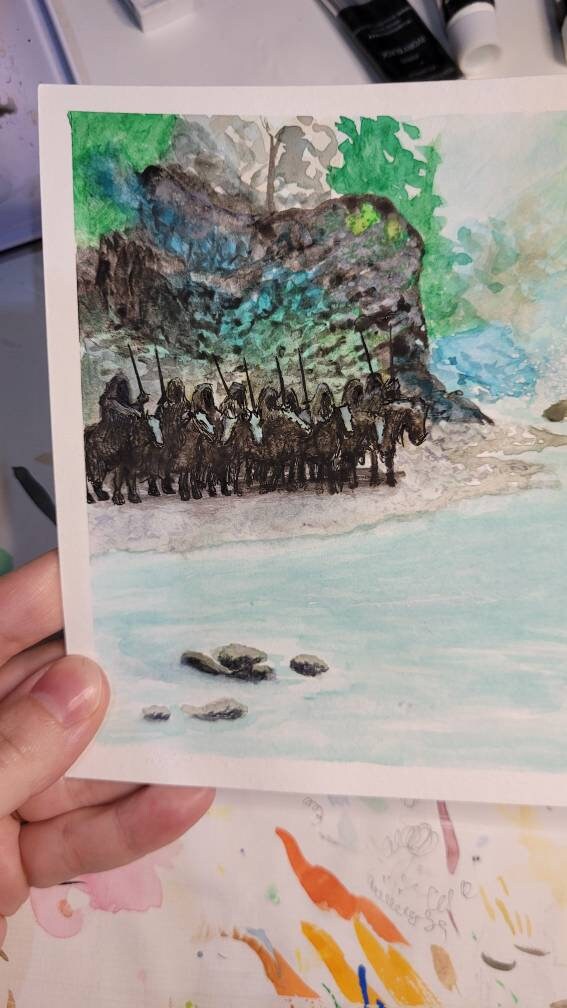 Arwen Painting Waters of Bruinen, Arwen faces the Black Riders, Original Watercolor Painting 6x8