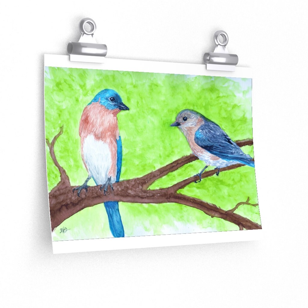 Bluebird Watercolor Print Woodland Painting Bird Decor Backyard Birdwatcher Gift 5x7 8x10