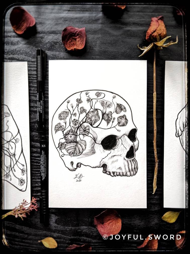 Flower skull original signed ink drawing, skull illustration, morning glory dark art, tattoo design Jolly Roger, pen and ink skull drawing