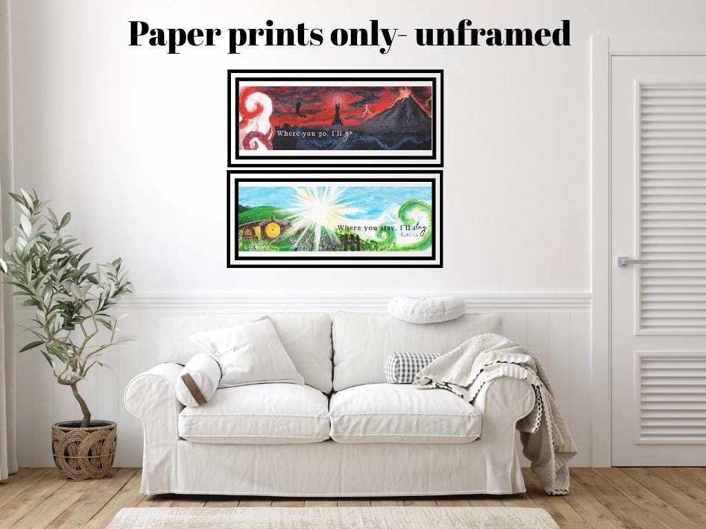 LOTR Wedding Anniversary art print, Mordor and Shire Painting, middle earth gift, Where you go I'll go Lord of the rings prints