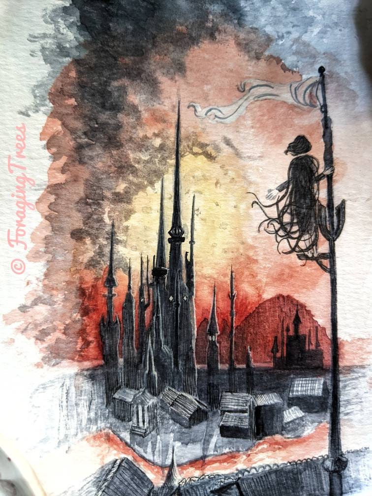Luthadel Skyline, Mistborn Inspired Watercolor Print 5x7"