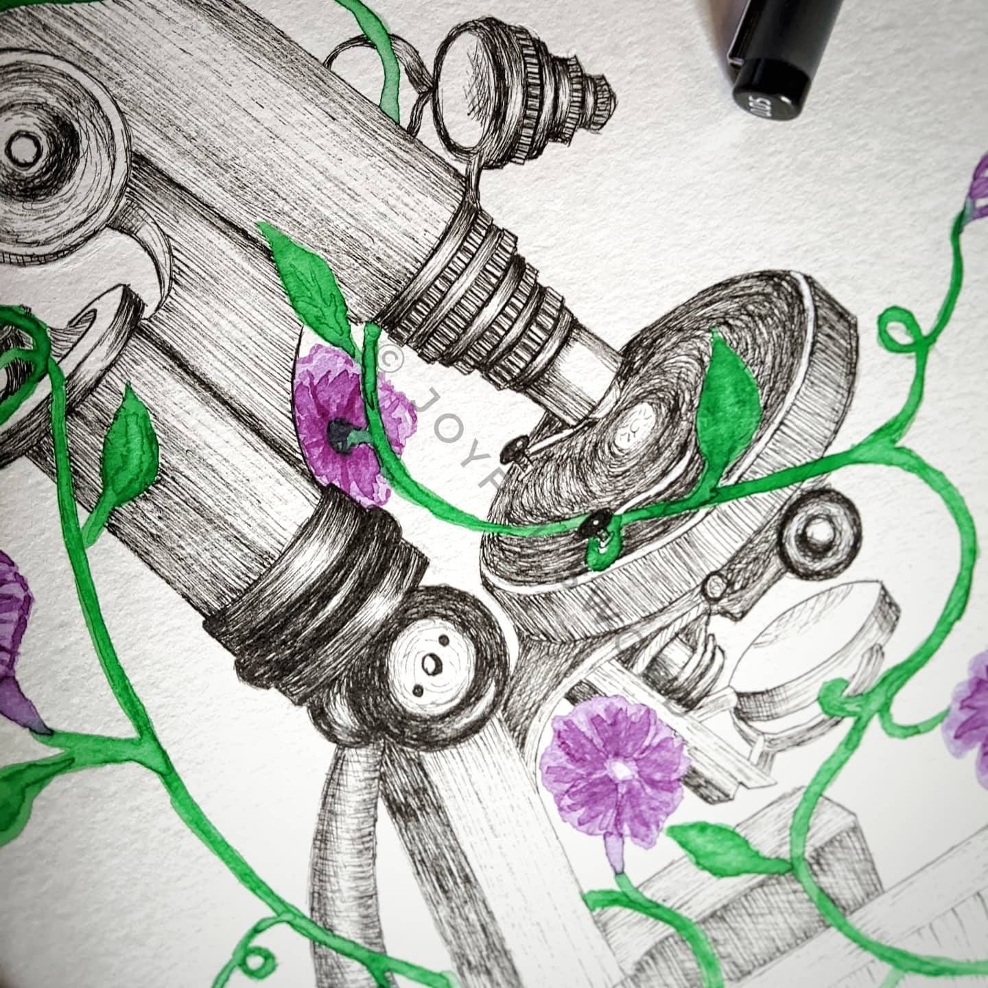 Vintage Floral Microscope Art Print, Flower Microscope, vine microscope, watercolor microscope