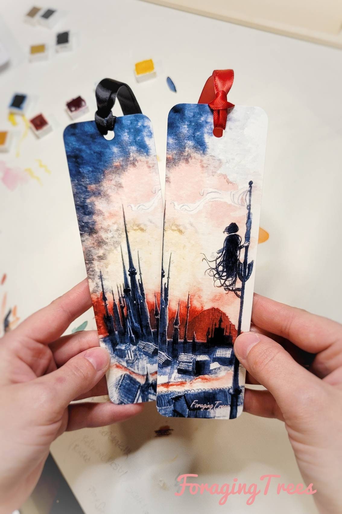 Mistborn bookmark, Vin overlooking the hill of one thousand spires, Luthadel Skyline Watercolor bookmark