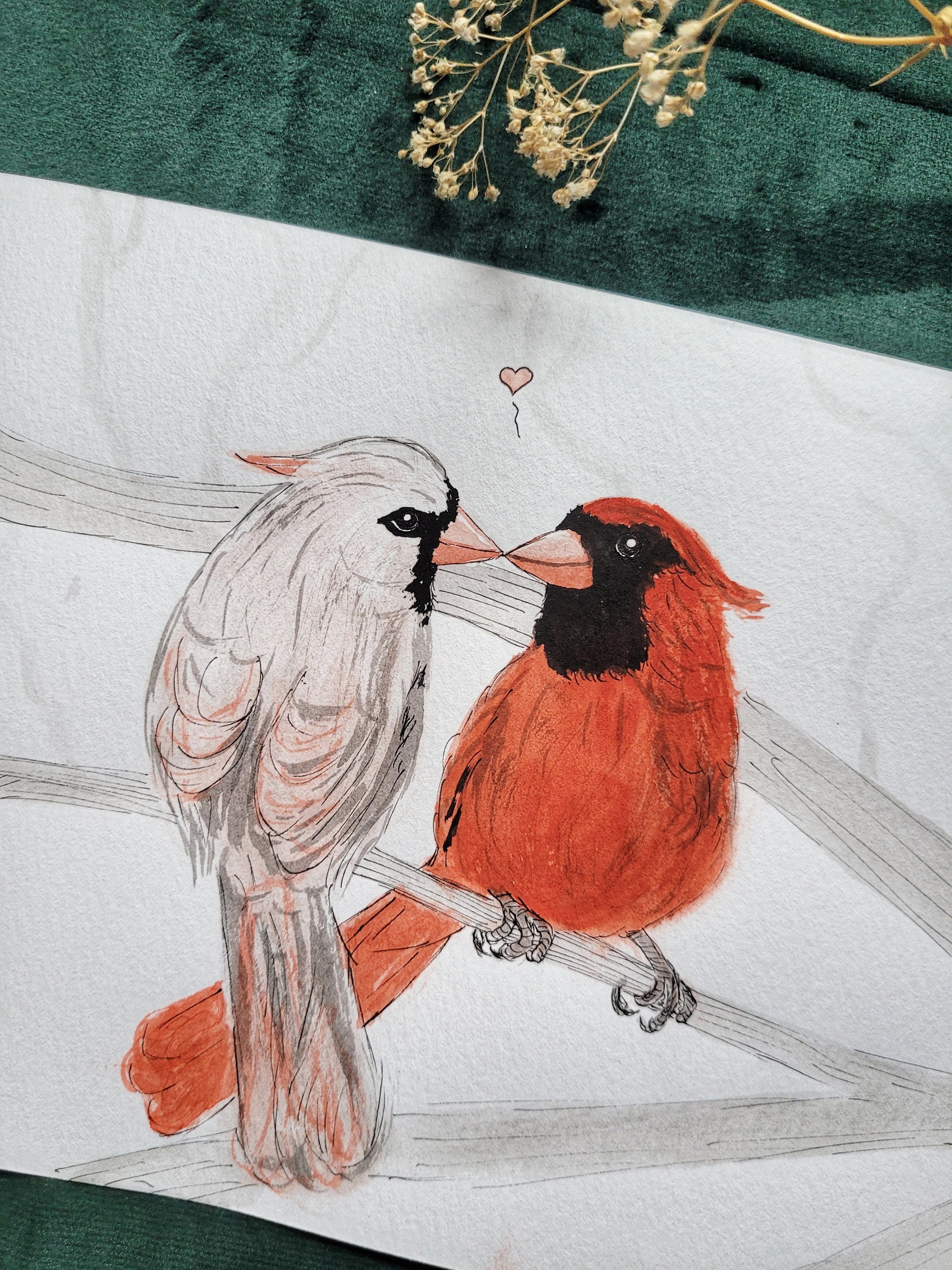 Cardinal Love Birds original watercolor painting