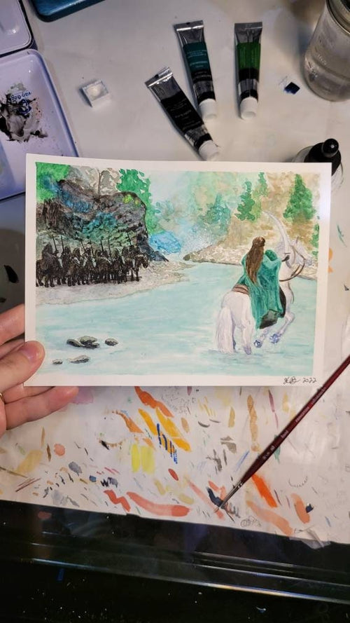 Arwen Painting Waters of Bruinen, Arwen faces the Black Riders, Original Watercolor Painting 6x8