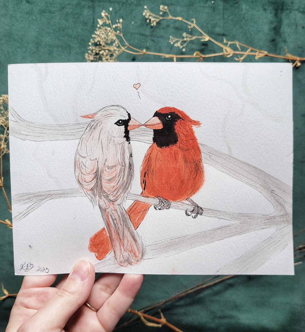 Cardinal Love Birds original watercolor painting