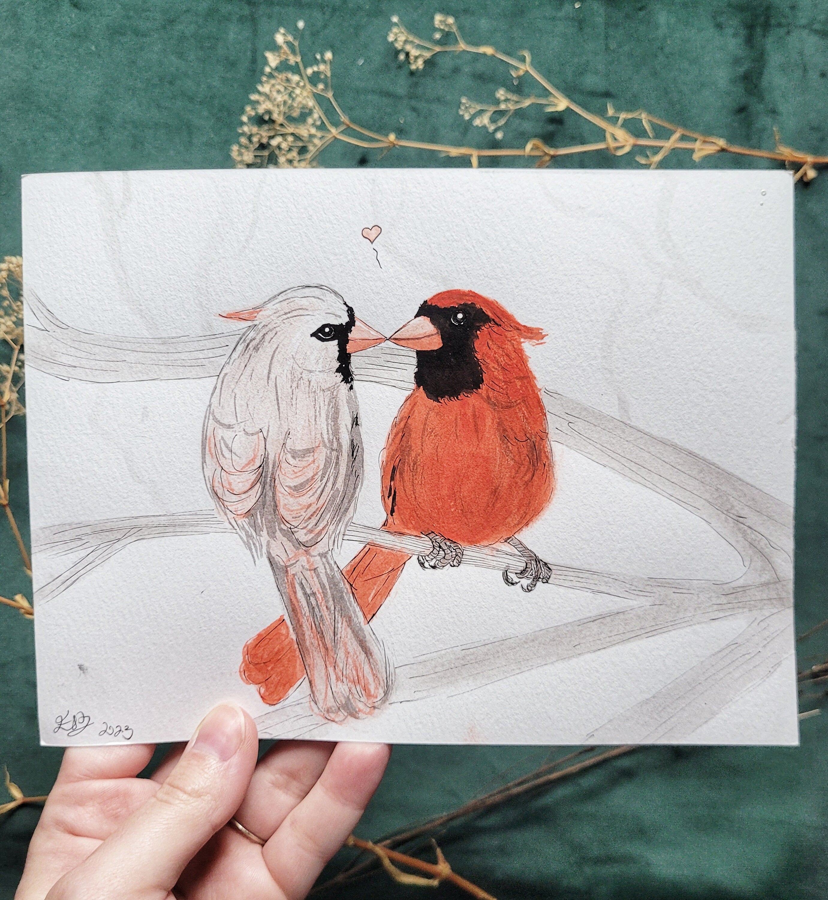 Cardinal Love Birds original watercolor painting