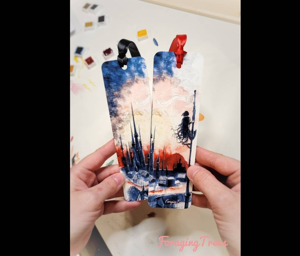 Mistborn bookmark, Vin overlooking the hill of one thousand spires, Luthadel Skyline Watercolor bookmark