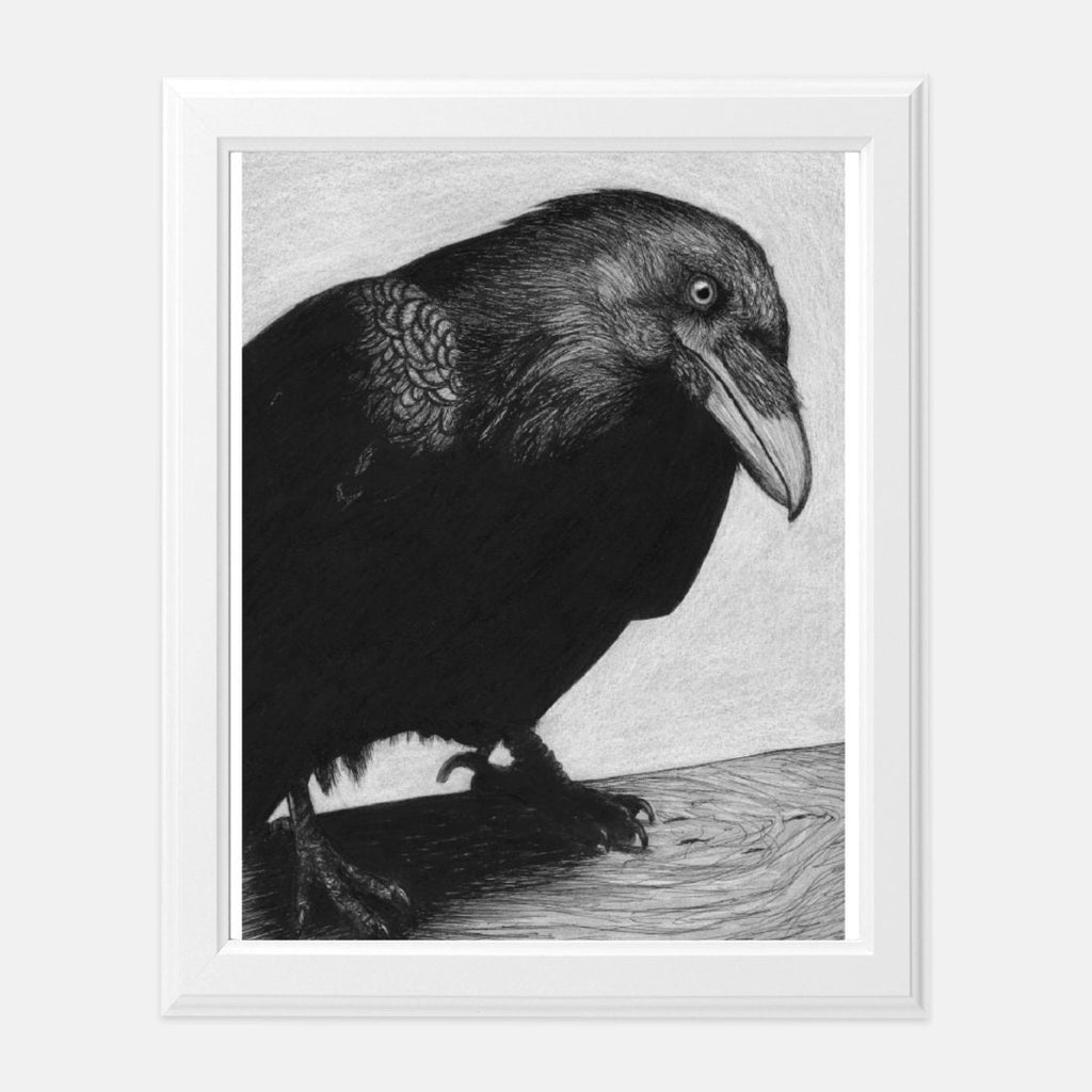 Raven Charcoal Drawing – Gothic Bird Wall Art, Black and White Raven Portrait, Crow Art Print, Dark Nature Decor, Raven Portrait
