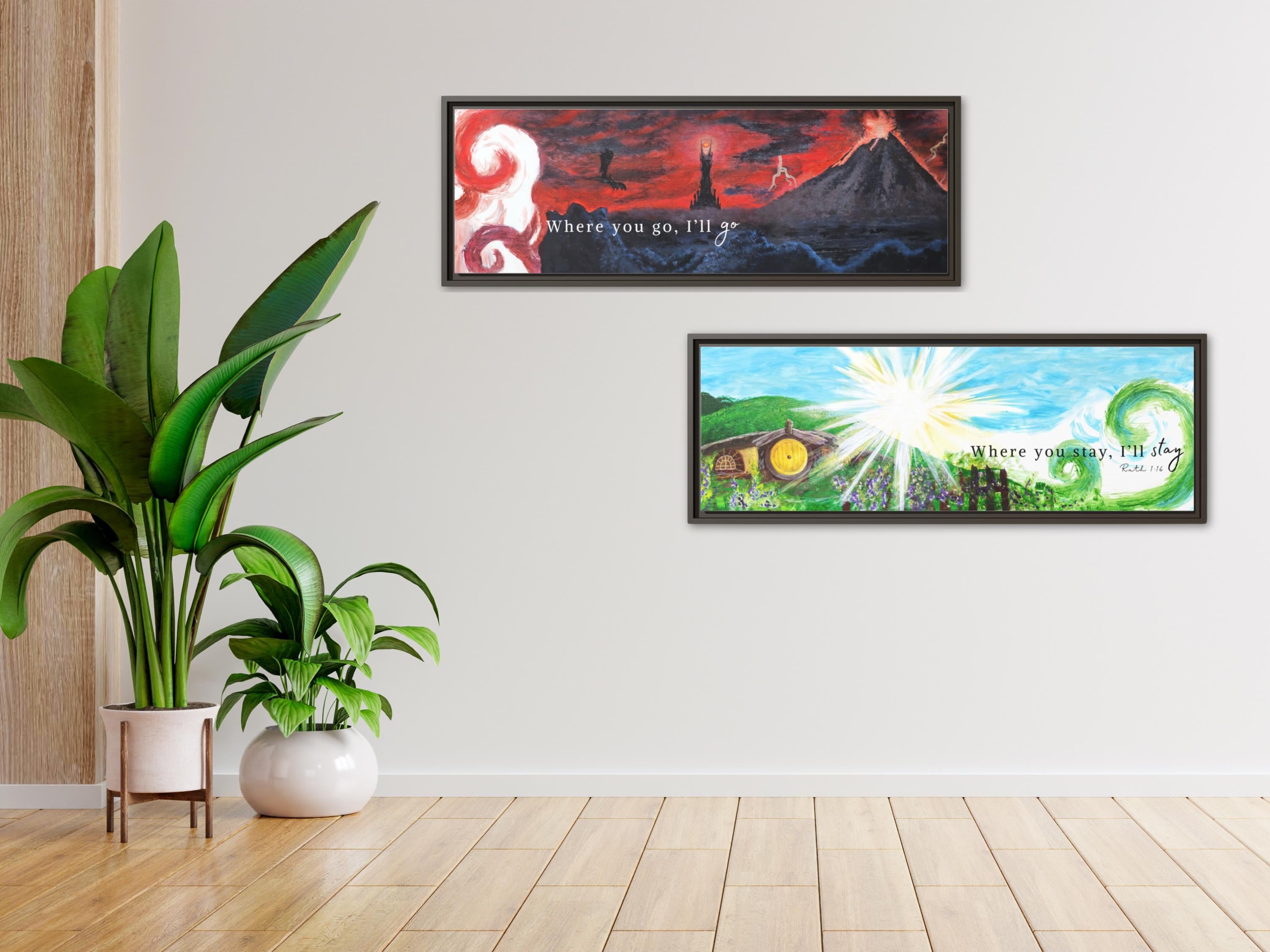 Where You Go I'll Go Lord of the Rings Framed Canvas Art Print Set | Middle-earth Wall Decor | Tolkien-Inspired Watercolor