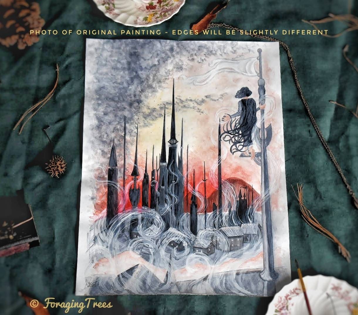 Luthadel Skyline, Mistborn inspired Watercolor Painting print, mistborn poster, hill of 1000 spires, castle skyline, kredik shaw Skyline