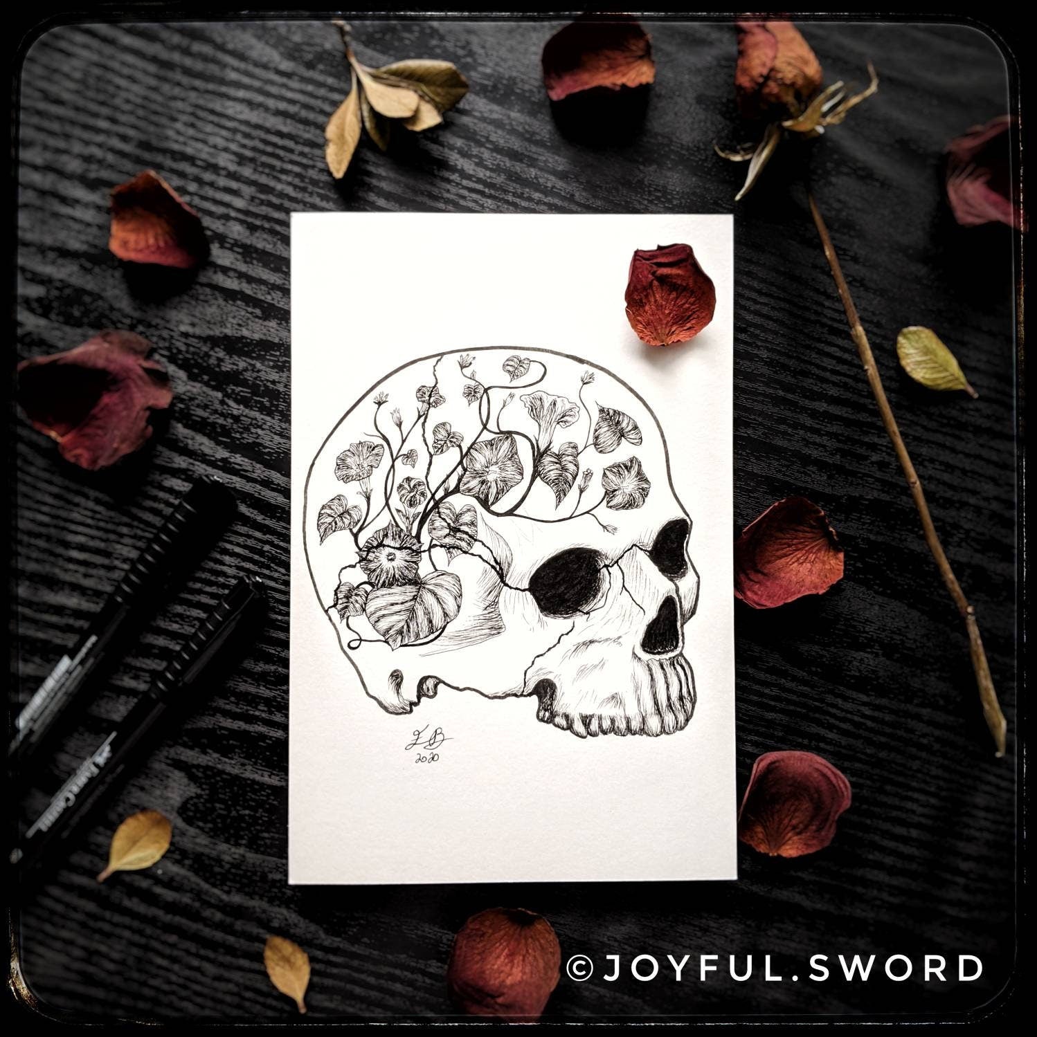 Flower skull original signed ink drawing, skull illustration, morning glory dark art, tattoo design Jolly Roger, pen and ink skull drawing