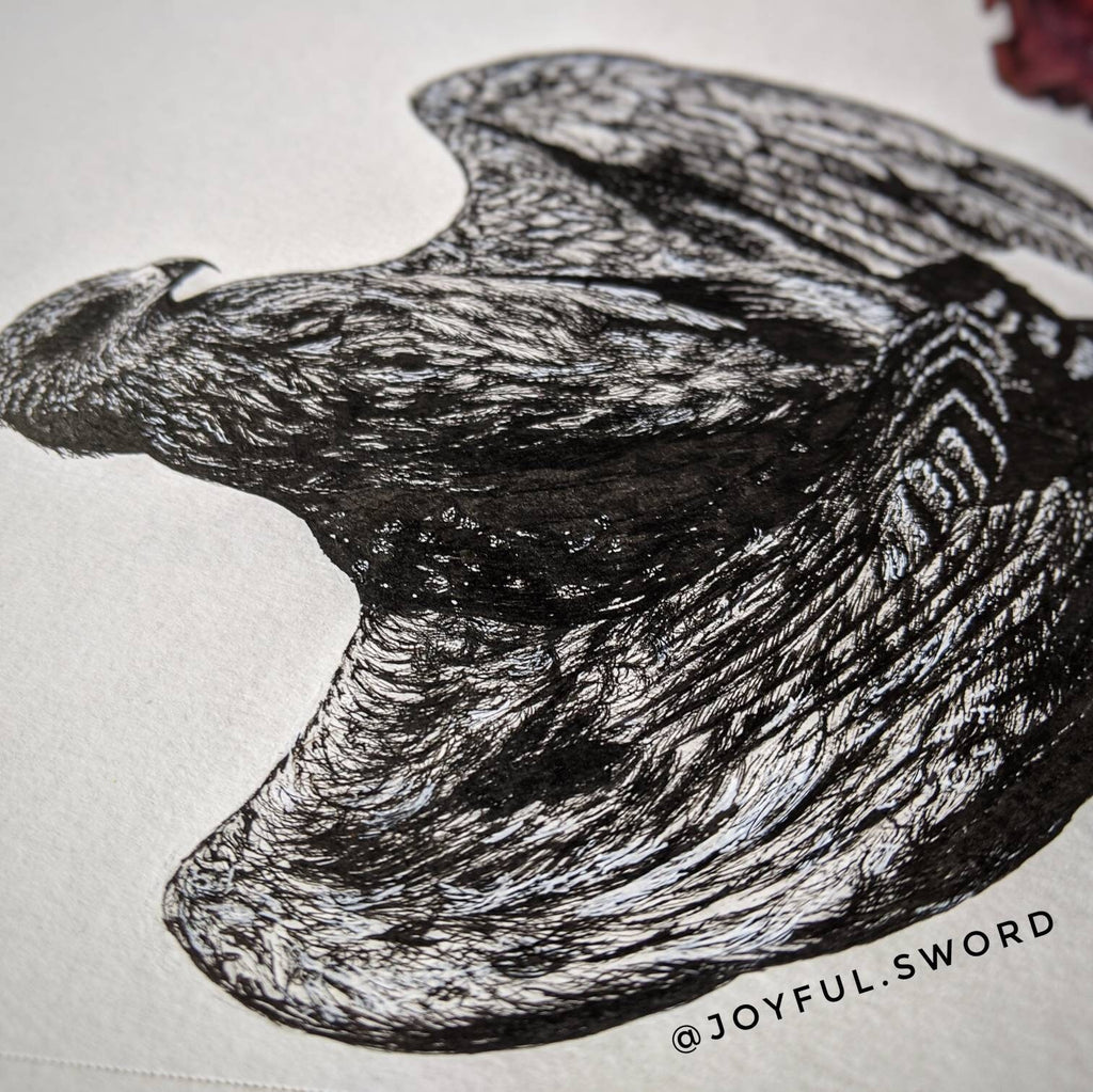 The Hawk Ink drawing, fine art original, Bird Lover Gift Idea, Wild, Eagle, Falcon, Black and White Bird, Wall Decor, Wilderness Art