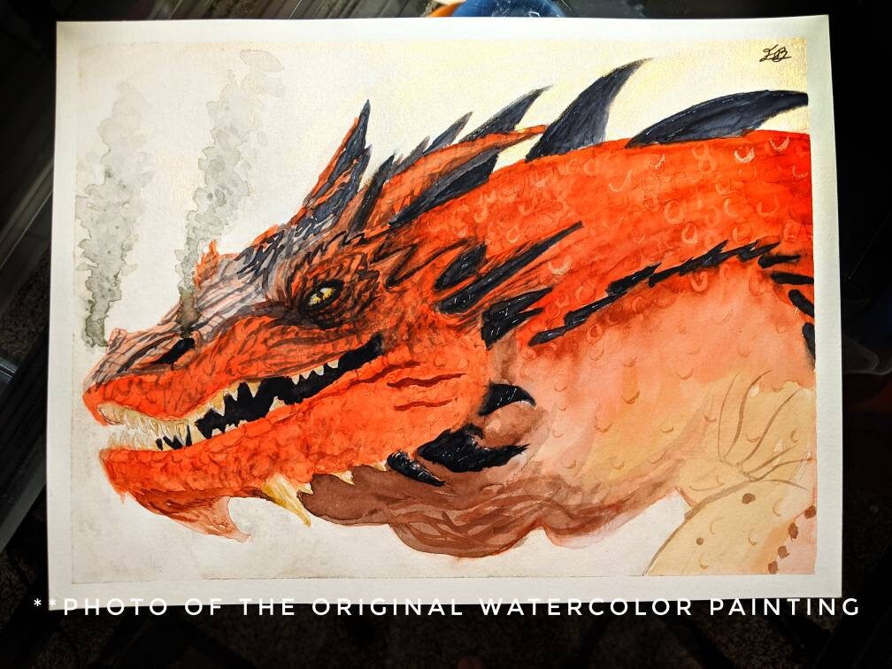 Smaug The Dragon, The Lord of the Rings Poster, Dragon Watercolor, Fantasy Illustration Print, Dragon Wall Art, The lord of the rings