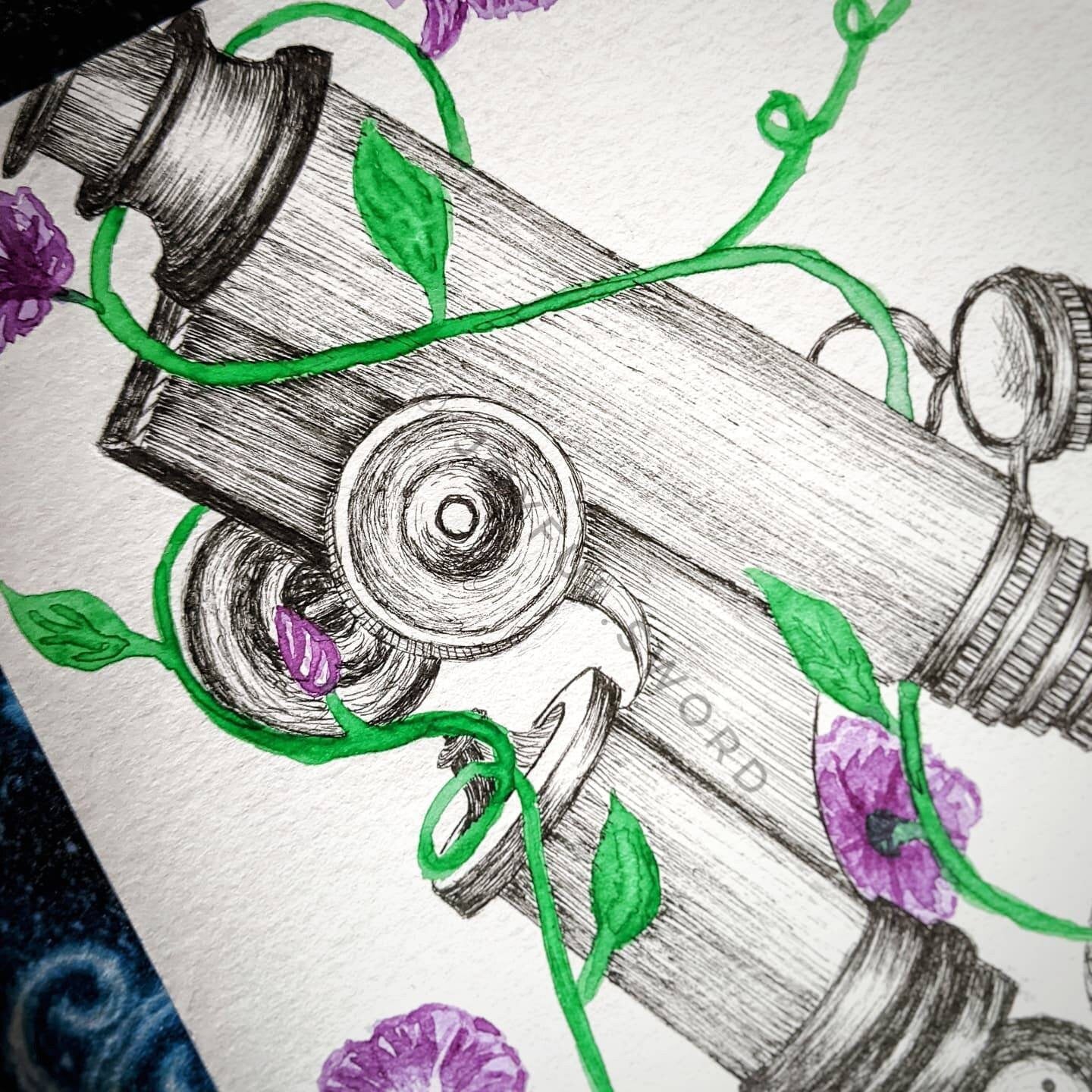 Vintage Floral Microscope Art Print, Flower Microscope, vine microscope, watercolor microscope