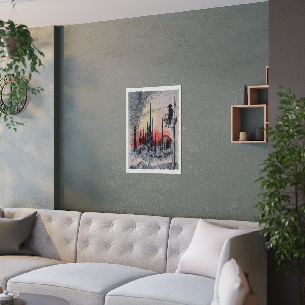 Luthadel Skyline, Mistborn inspired Watercolor Painting print, mistborn poster, hill of 1000 spires, castle skyline, kredik shaw Skyline