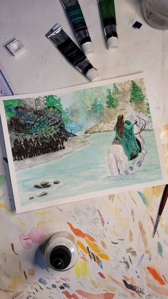Arwen Painting Waters of Bruinen, Arwen faces the Black Riders, Original Watercolor Painting 6x8