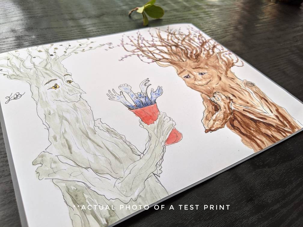 Treebeard finds an Entwife print, romance trees, tree people, tree nymph, ent wife, macabre romance, bouquet orchids, punny valentine