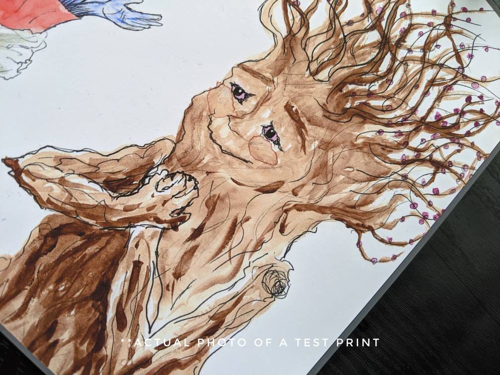 Treebeard finds an Entwife print, romance trees, tree people, tree nymph, ent wife, macabre romance, bouquet orchids, punny valentine