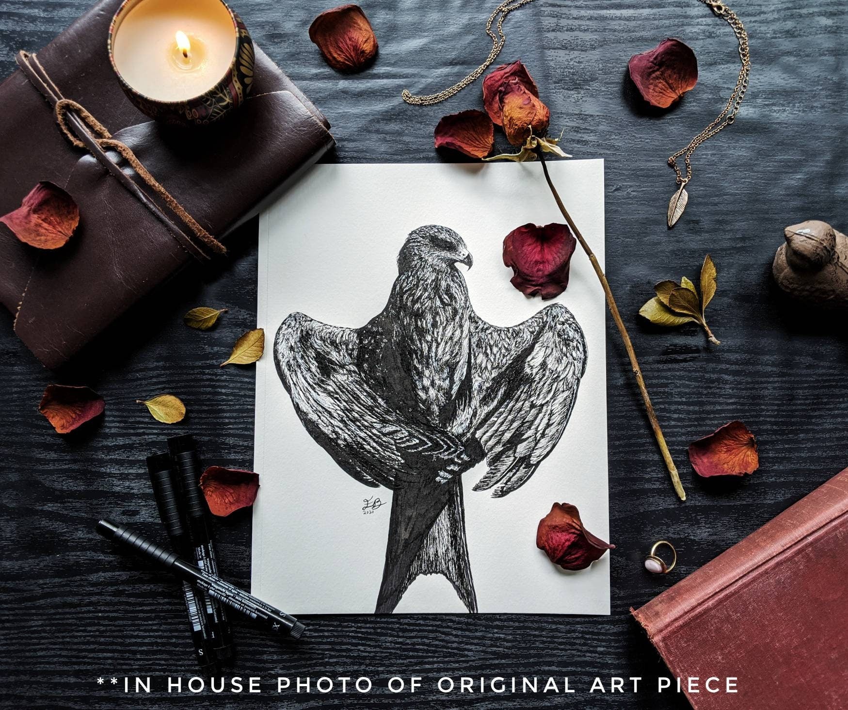 The Hawk Ink drawing, fine art original, Bird Lover Gift Idea, Wild, Eagle, Falcon, Black and White Bird, Wall Decor, Wilderness Art