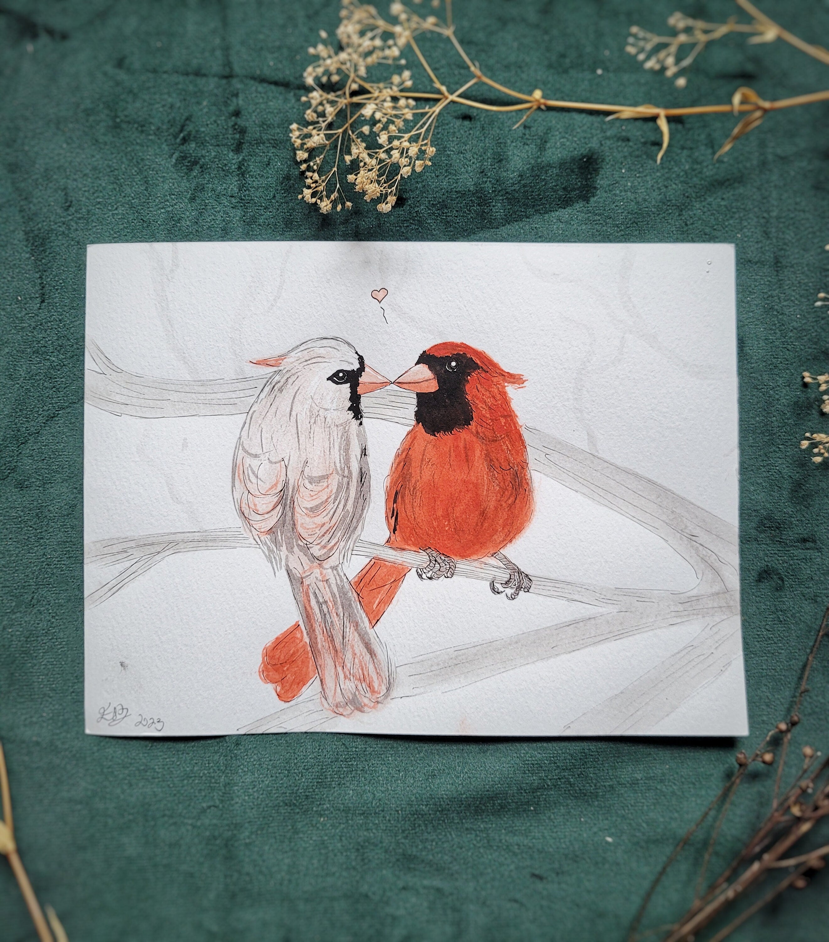 Cardinal Love Birds original watercolor painting