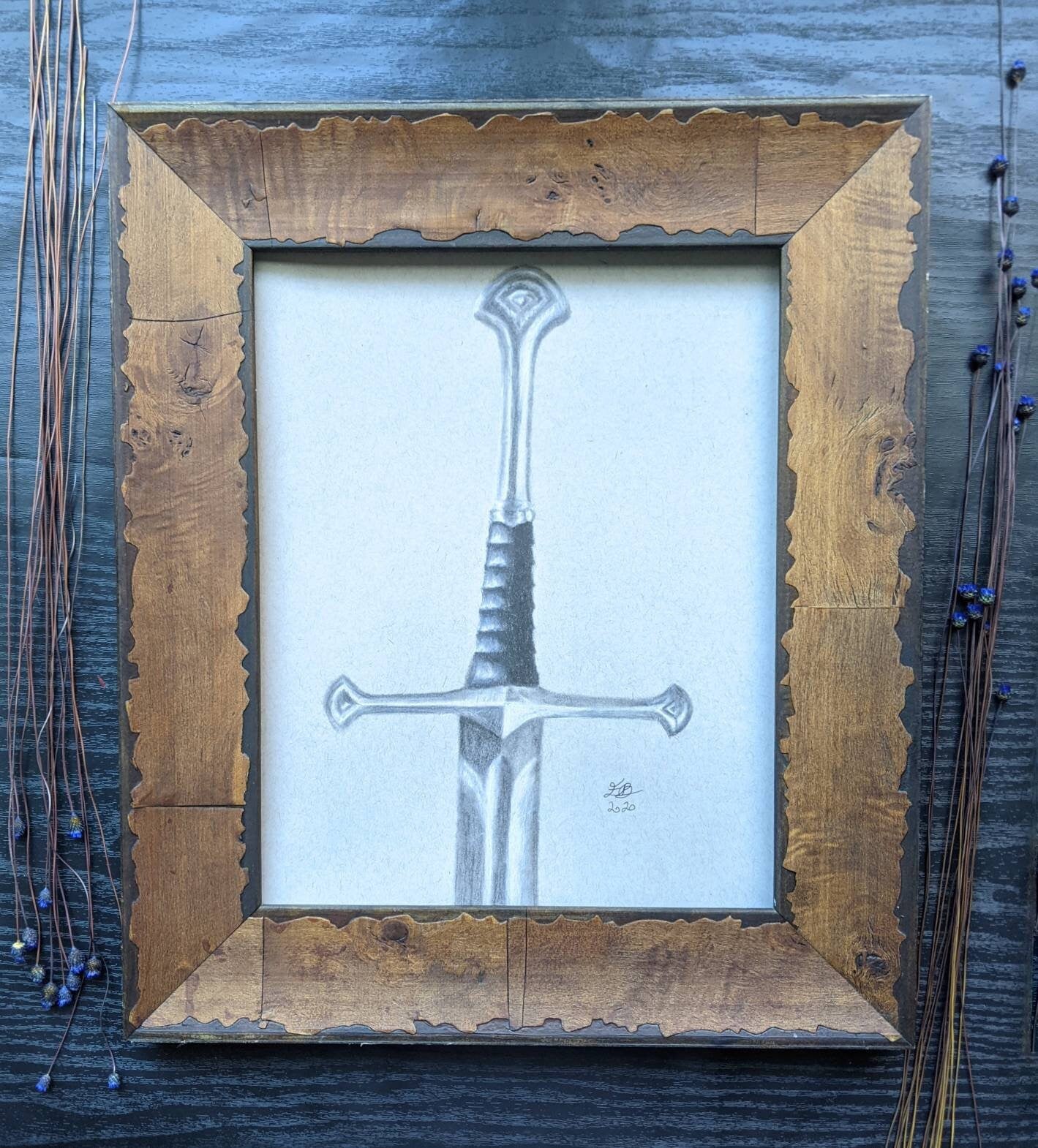 Narsil charcoal drawing, Sword drawing, Lord of the Rings gift, LOTR Sword, Tolkien Inspired art, aragorn sword, sword hilt, middle earth