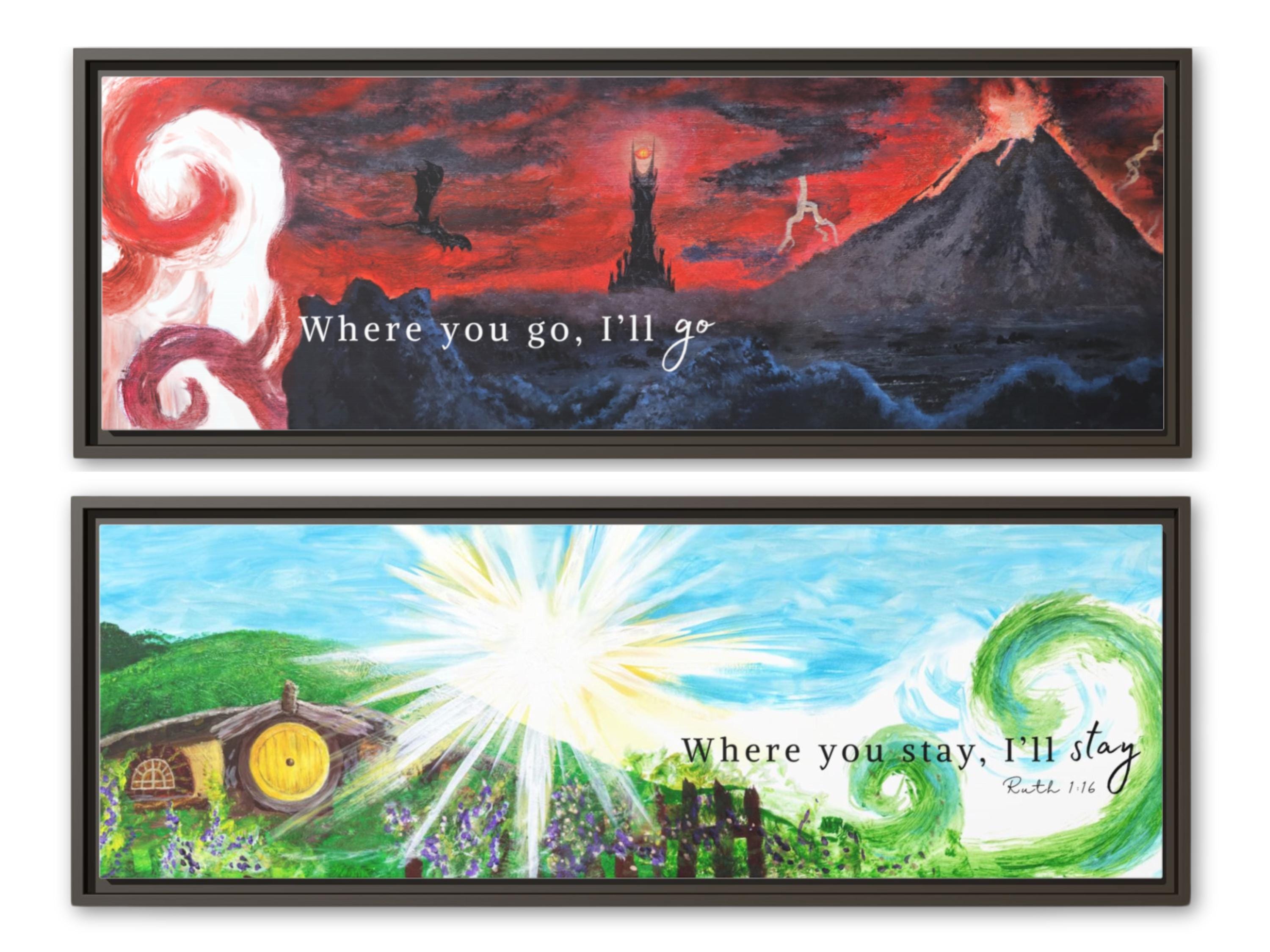 Where You Go I'll Go Lord of the Rings Framed Canvas Art Print Set | Middle-earth Wall Decor | Tolkien-Inspired Watercolor