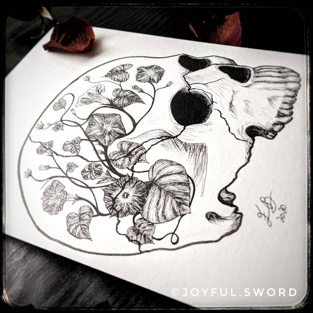 Flower skull original signed ink drawing, skull illustration, morning glory dark art, tattoo design Jolly Roger, pen and ink skull drawing