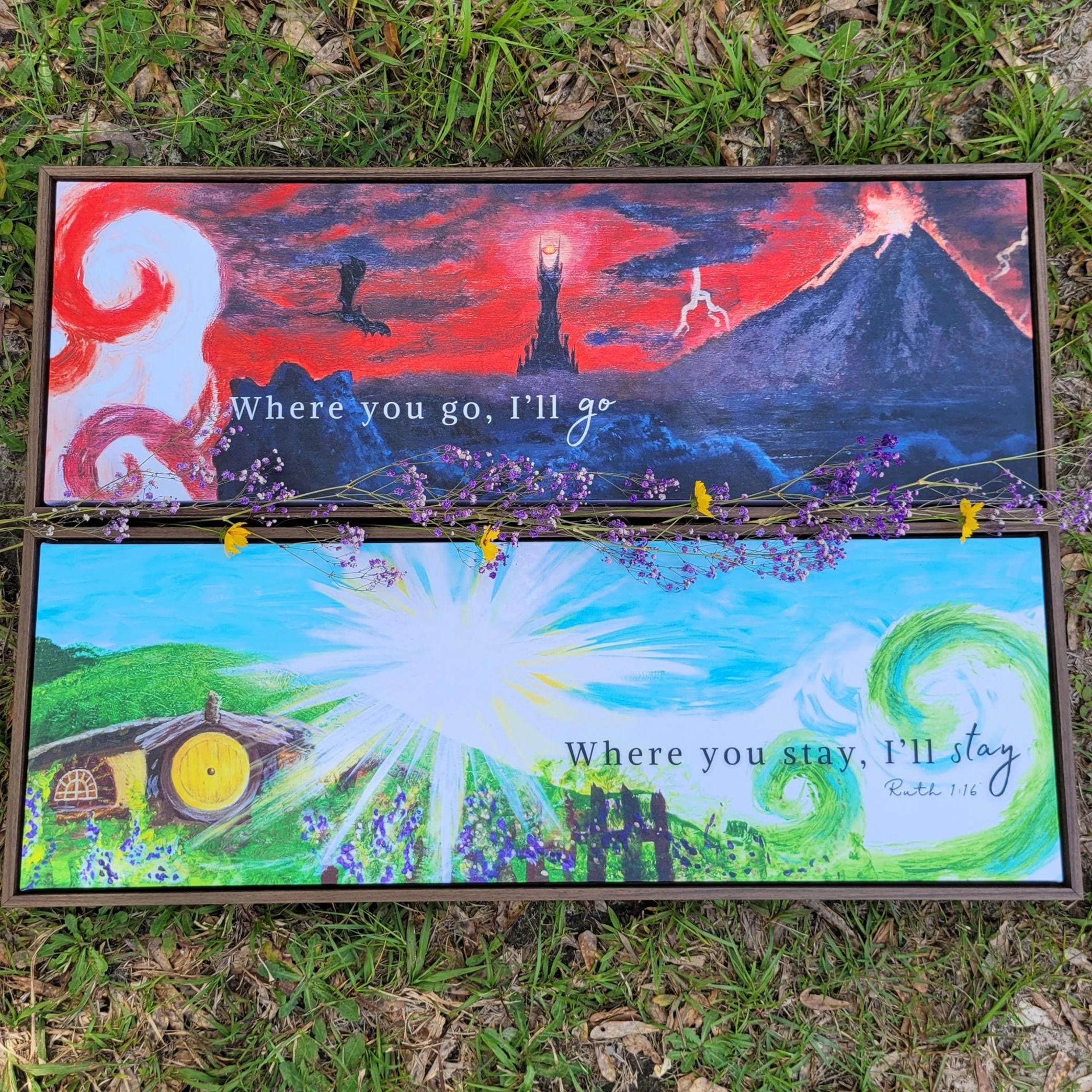 Where You Go I'll Go Lord of the Rings Framed Canvas Art Print Set | Middle-earth Wall Decor | Tolkien-Inspired Watercolor