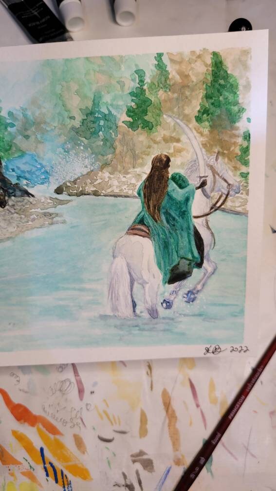 Arwen Painting Waters of Bruinen, Arwen faces the Black Riders, Original Watercolor Painting 6x8