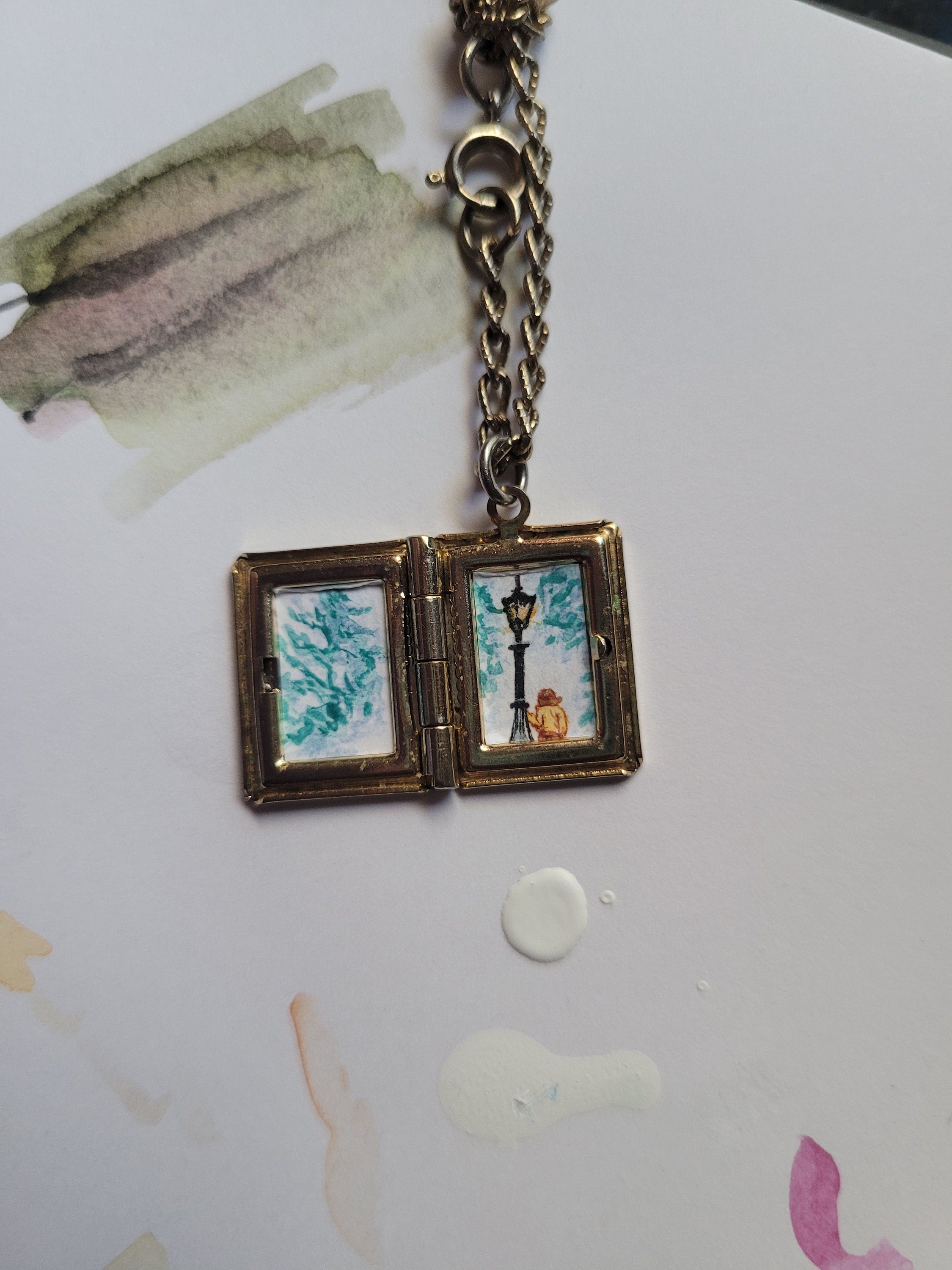 Narnia Locket Necklace, tiny painting necklace, the chronicles of narnia locket painting, book necklace painting, lantern waste, Lucy