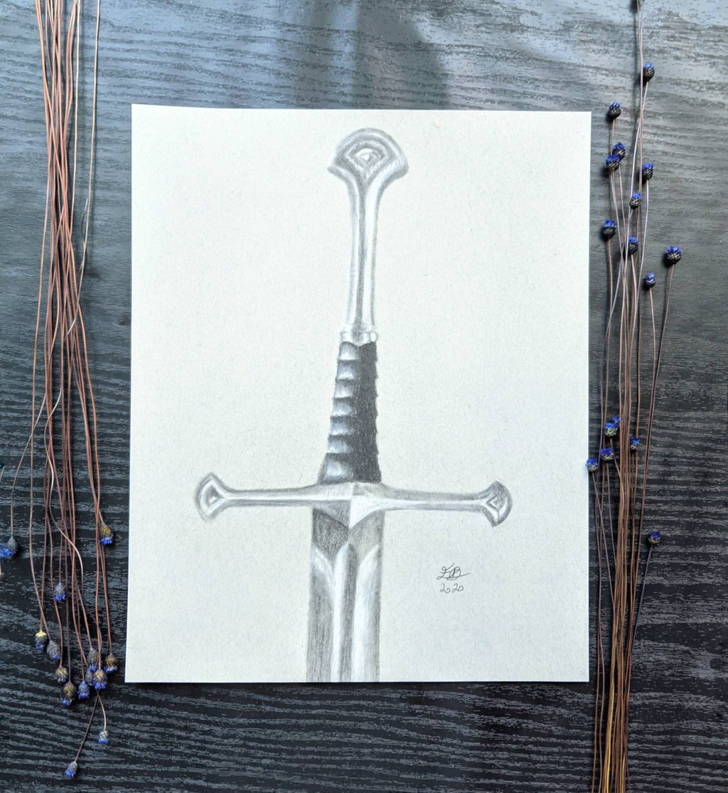 Narsil charcoal drawing, Sword drawing, Lord of the Rings gift, LOTR Sword, Tolkien Inspired art, aragorn sword, sword hilt, middle earth