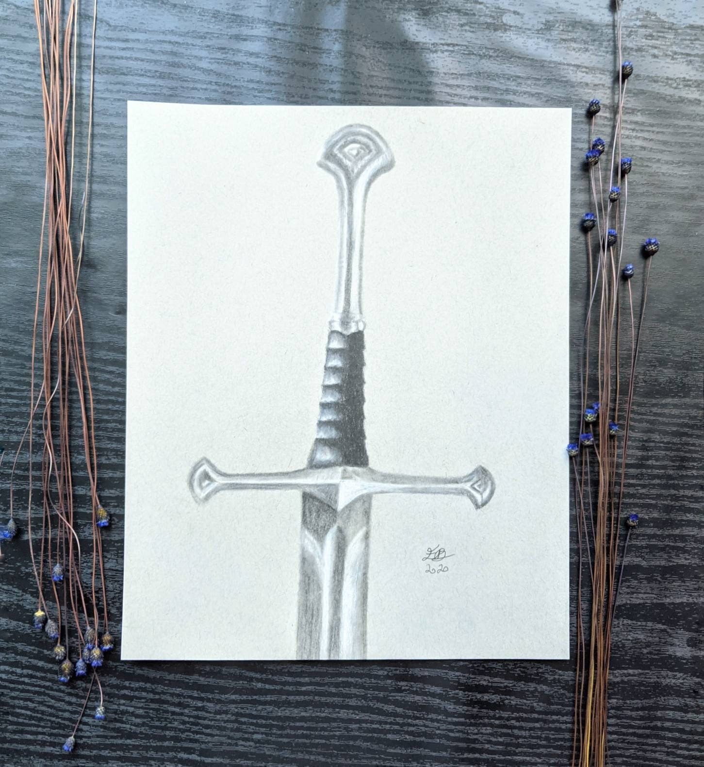 Narsil charcoal drawing, Sword drawing, Lord of the Rings gift, LOTR Sword, Tolkien Inspired art, aragorn sword, sword hilt, middle earth