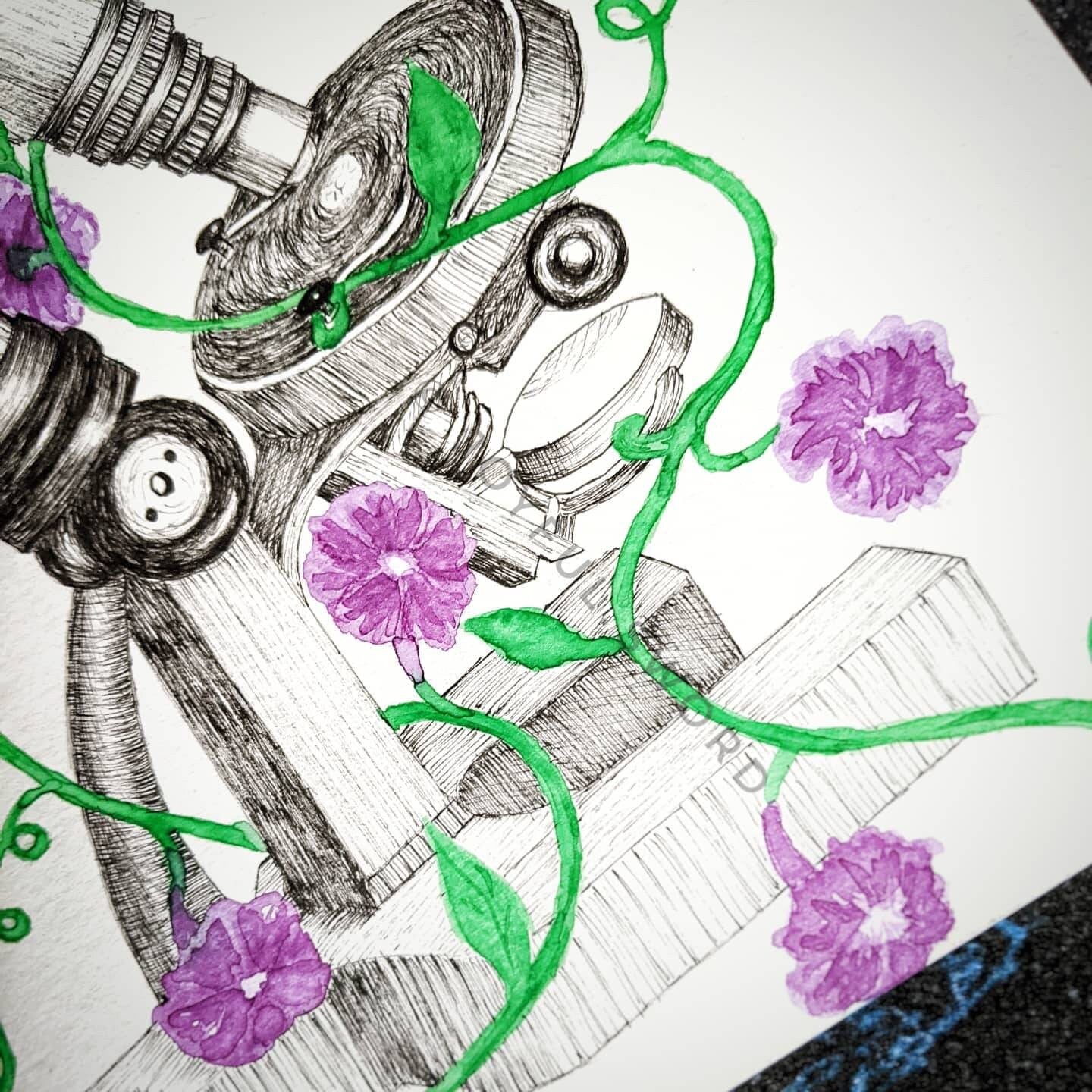 Vintage Floral Microscope Art Print, Flower Microscope, vine microscope, watercolor microscope
