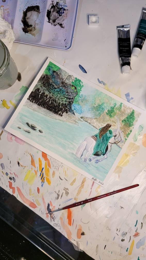 Arwen Painting Waters of Bruinen, Arwen faces the Black Riders, Original Watercolor Painting 6x8